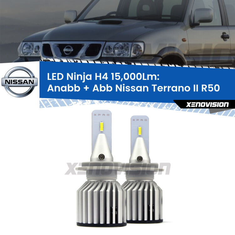 <strong>Kit anabbaglianti + abbaglianti LED per Nissan Terrano II</strong> R50 1997 - 2004. Lampade <strong>H4</strong> Canbus da 15.000Lumen di luminosità modello Ninja Xenovision.