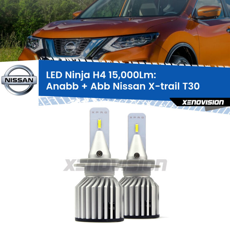 <strong>Kit anabbaglianti + abbaglianti LED per Nissan X-trail</strong> T30 2001 - 2007. Lampade <strong>H4</strong> Canbus da 15.000Lumen di luminosità modello Ninja Xenovision.