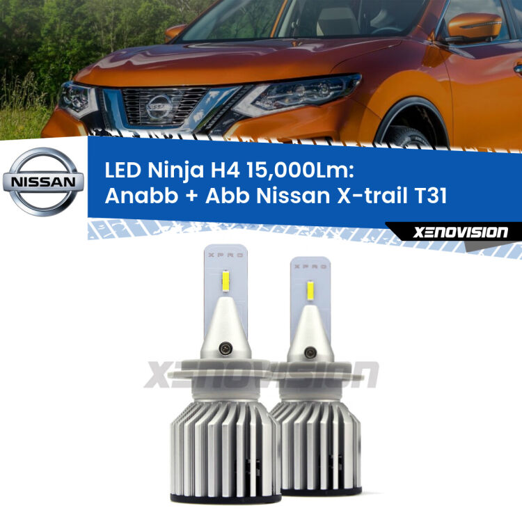 <strong>Kit anabbaglianti + abbaglianti LED per Nissan X-trail</strong> T31 2007 - 2014. Lampade <strong>H4</strong> Canbus da 15.000Lumen di luminosità modello Ninja Xenovision.