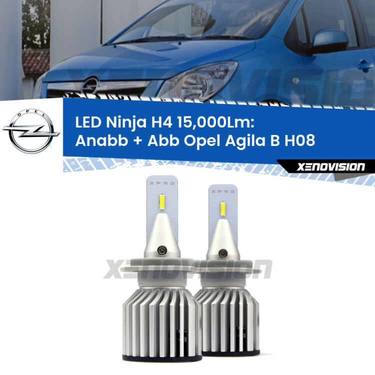 <strong>Kit anabbaglianti + abbaglianti LED per Opel Agila B</strong> H08 2008 - 2014. Lampade <strong>H4</strong> Canbus da 15.000Lumen di luminosità modello Ninja Xenovision.
