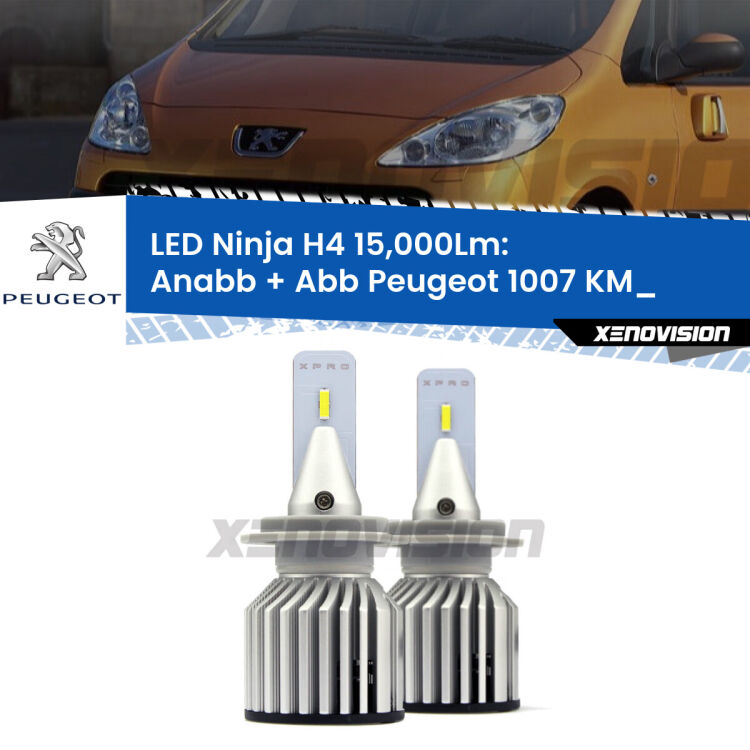 <strong>Kit anabbaglianti + abbaglianti LED per Peugeot 1007</strong> KM_ 2005 - 2009. Lampade <strong>H4</strong> Canbus da 15.000Lumen di luminosità modello Ninja Xenovision.
