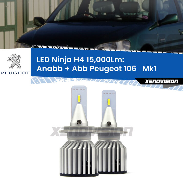 <strong>Kit anabbaglianti + abbaglianti LED per Peugeot 106  </strong> Mk1 1991 - 1996. Lampade <strong>H4</strong> Canbus da 15.000Lumen di luminosità modello Ninja Xenovision.