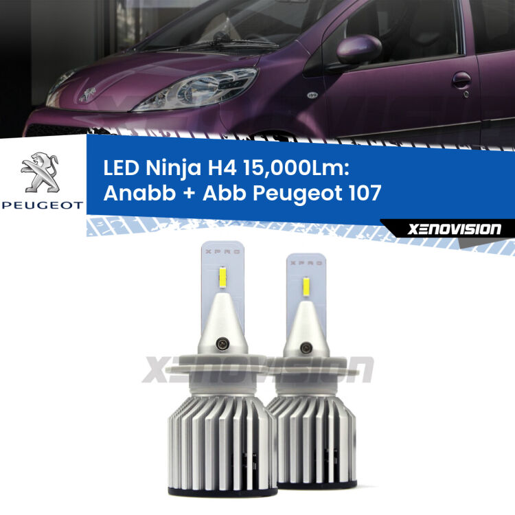 <strong>Kit anabbaglianti + abbaglianti LED per Peugeot 107</strong>  2005 - 2014. Lampade <strong>H4</strong> Canbus da 15.000Lumen di luminosità modello Ninja Xenovision.