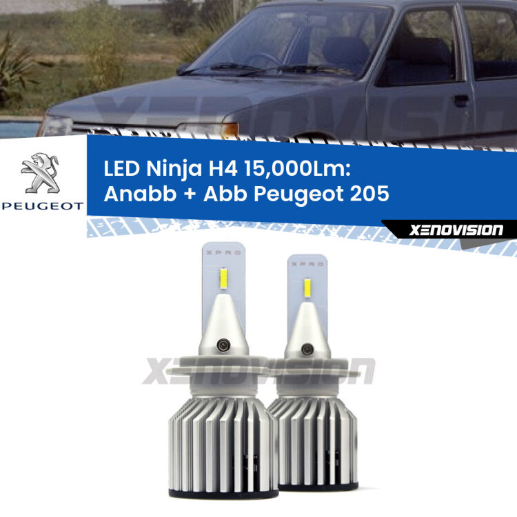 <strong>Kit anabbaglianti + abbaglianti LED per Peugeot 205</strong>  1983 - 1999. Lampade <strong>H4</strong> Canbus da 15.000Lumen di luminosità modello Ninja Xenovision.
