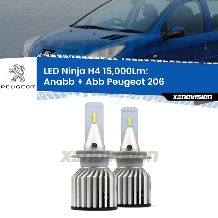 <strong>Kit anabbaglianti + abbaglianti LED per Peugeot 206</strong>  1998 - 2002. Lampade <strong>H4</strong> Canbus da 15.000Lumen di luminosità modello Ninja Xenovision.