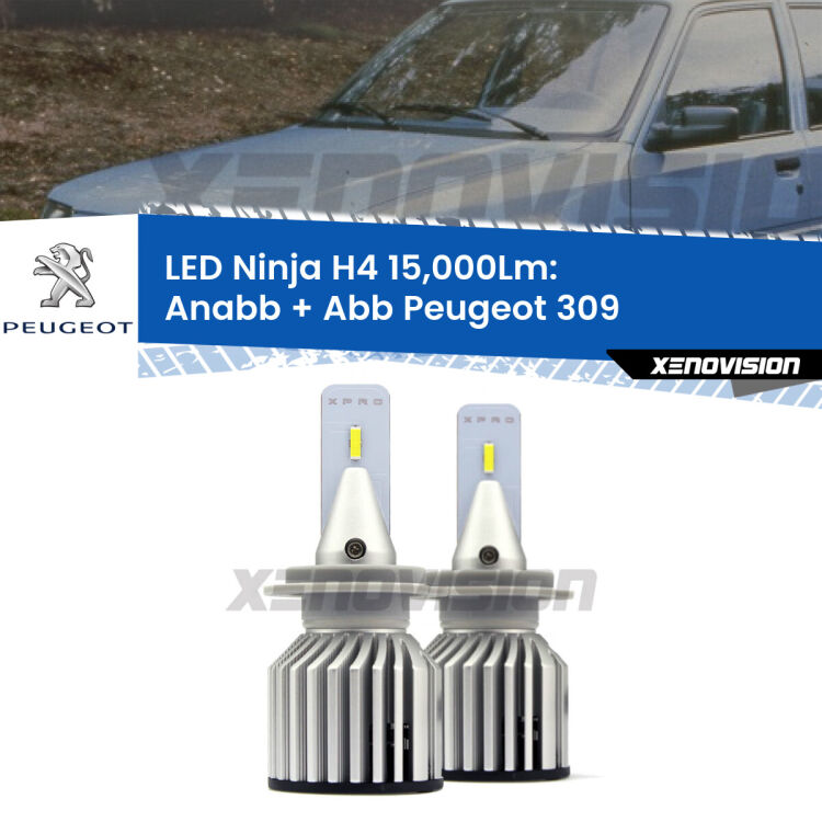 <strong>Kit anabbaglianti + abbaglianti LED per Peugeot 309</strong>  1989 - 1993. Lampade <strong>H4</strong> Canbus da 15.000Lumen di luminosità modello Ninja Xenovision.
