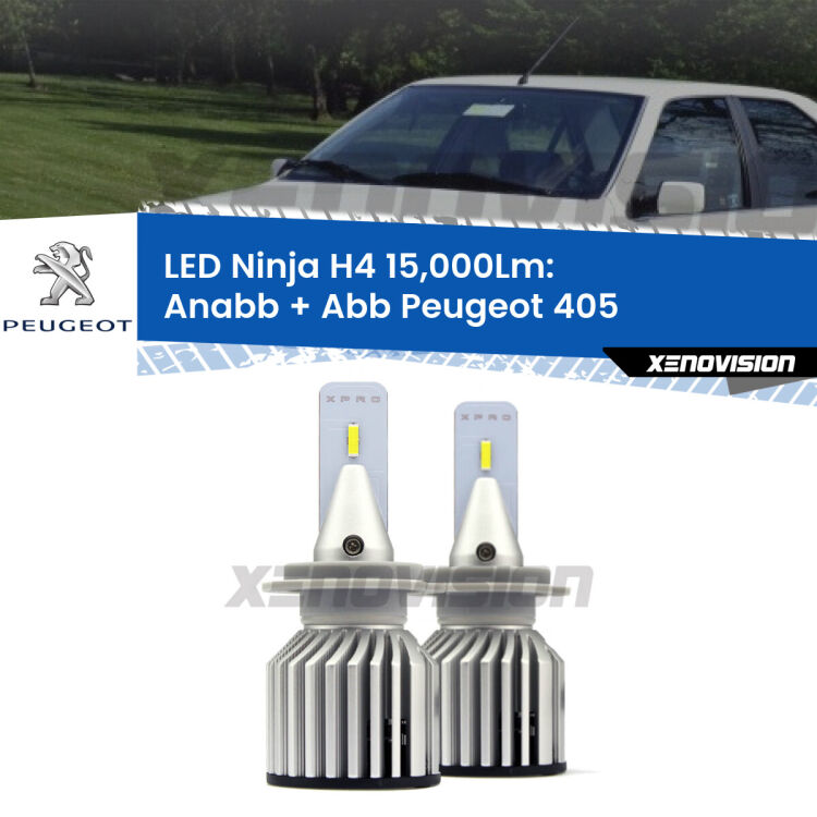 <strong>Kit anabbaglianti + abbaglianti LED per Peugeot 405</strong>  1987 - 1997. Lampade <strong>H4</strong> Canbus da 15.000Lumen di luminosità modello Ninja Xenovision.