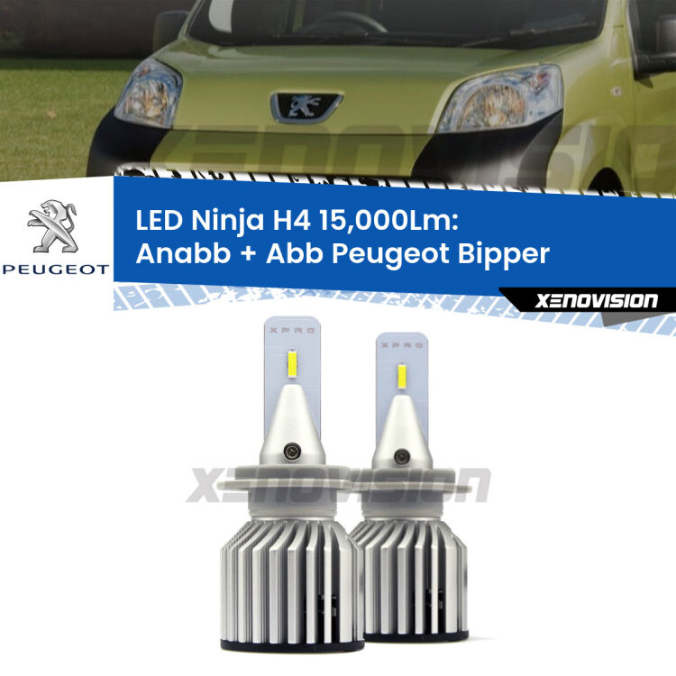 <strong>Kit anabbaglianti + abbaglianti LED per Peugeot Bipper</strong>  2008 in poi. Lampade <strong>H4</strong> Canbus da 15.000Lumen di luminosità modello Ninja Xenovision.