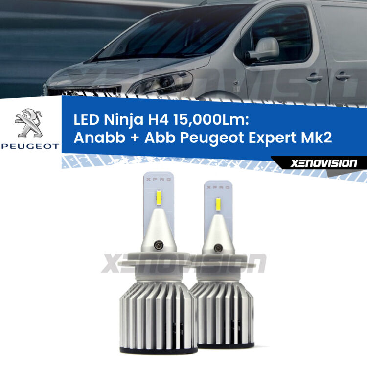 <strong>Kit anabbaglianti + abbaglianti LED per Peugeot Expert</strong> Mk2 2007 - 2015. Lampade <strong>H4</strong> Canbus da 15.000Lumen di luminosità modello Ninja Xenovision.