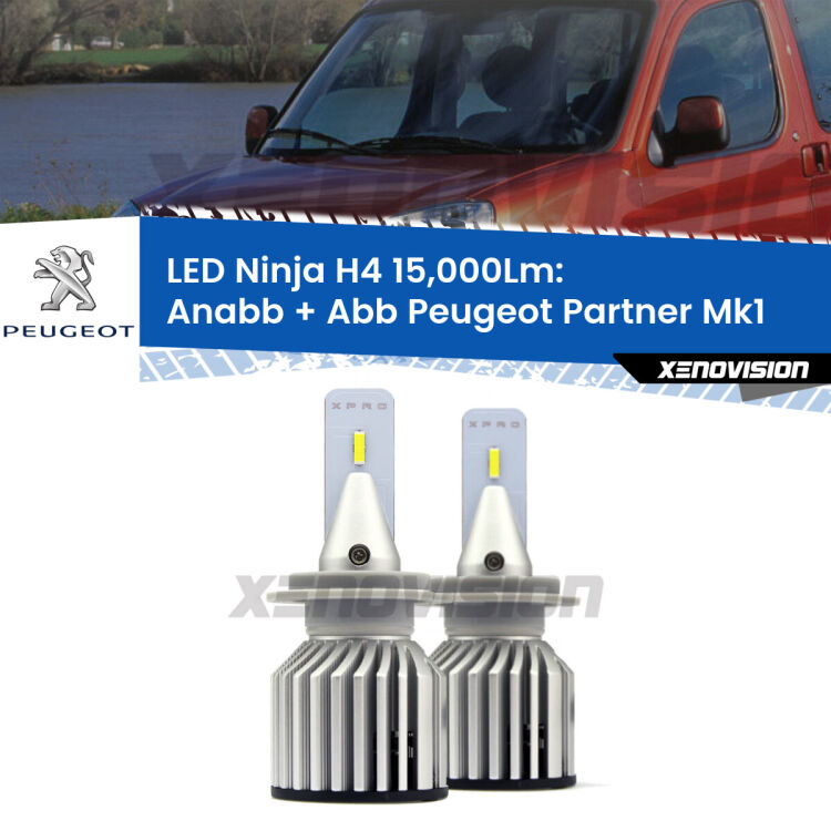 <strong>Kit anabbaglianti + abbaglianti LED per Peugeot Partner</strong> Mk1 1996 - 2007. Lampade <strong>H4</strong> Canbus da 15.000Lumen di luminosità modello Ninja Xenovision.