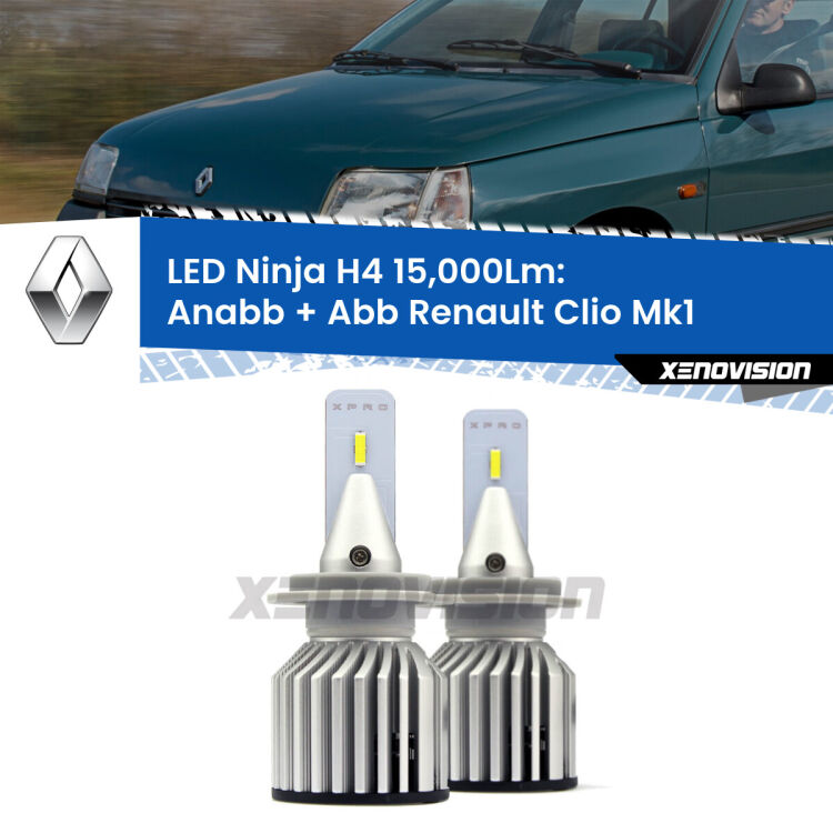 <strong>Kit anabbaglianti + abbaglianti LED per Renault Clio</strong> Mk1 1990 - 1998. Lampade <strong>H4</strong> Canbus da 15.000Lumen di luminosità modello Ninja Xenovision.