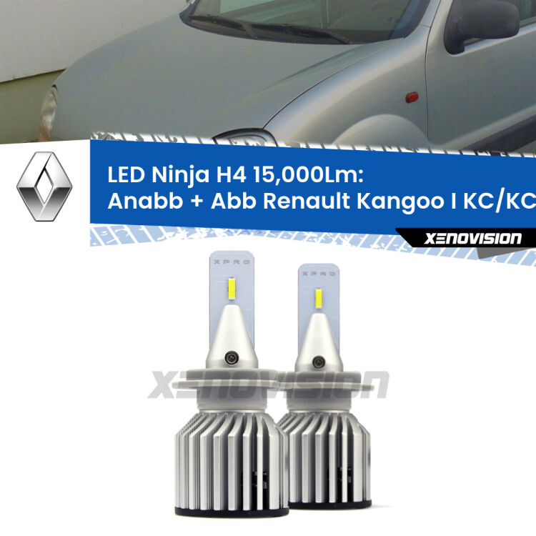 <strong>Kit anabbaglianti + abbaglianti LED per Renault Kangoo I</strong> KC/KC 1997 - 2006. Lampade <strong>H4</strong> Canbus da 15.000Lumen di luminosità modello Ninja Xenovision.