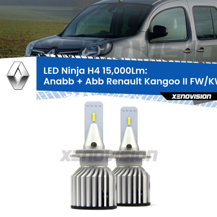<strong>Kit anabbaglianti + abbaglianti LED per Renault Kangoo II</strong> FW/KW 2008 in poi. Lampade <strong>H4</strong> Canbus da 15.000Lumen di luminosità modello Ninja Xenovision.