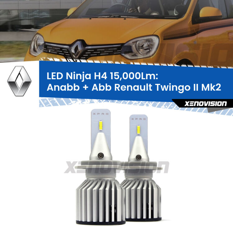 <strong>Kit anabbaglianti + abbaglianti LED per Renault Twingo II</strong> Mk2 2007 - 2013. Lampade <strong>H4</strong> Canbus da 15.000Lumen di luminosità modello Ninja Xenovision.
