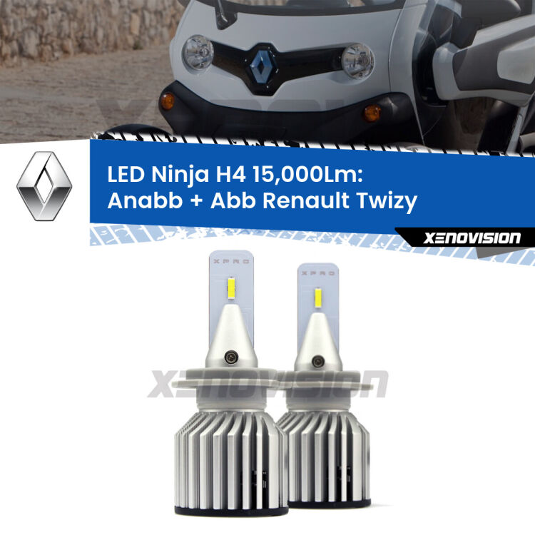<strong>Kit anabbaglianti + abbaglianti LED per Renault Twizy</strong>  2012 in poi. Lampade <strong>H4</strong> Canbus da 15.000Lumen di luminosità modello Ninja Xenovision.