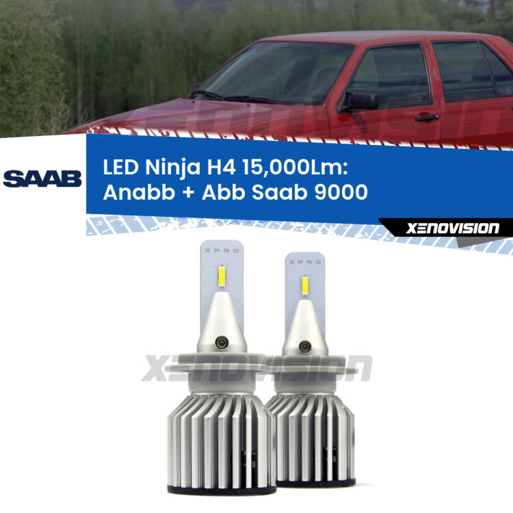 <strong>Kit anabbaglianti + abbaglianti LED per Saab 9000</strong>  a parabola singola. Lampade <strong>H4</strong> Canbus da 15.000Lumen di luminosità modello Ninja Xenovision.
