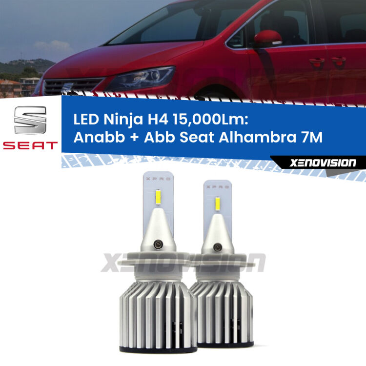 <strong>Kit anabbaglianti + abbaglianti LED per Seat Alhambra</strong> 7M 1996 - 2000. Lampade <strong>H4</strong> Canbus da 15.000Lumen di luminosità modello Ninja Xenovision.