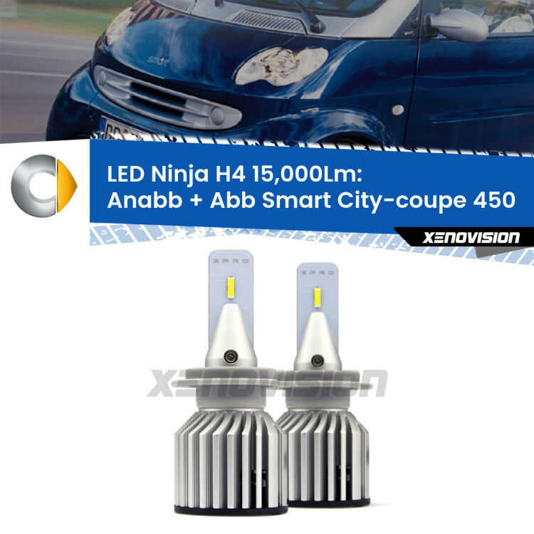 <strong>Kit anabbaglianti + abbaglianti LED per Smart City-coupe</strong> 450 prima serie. Lampade <strong>H4</strong> Canbus da 15.000Lumen di luminosità modello Ninja Xenovision.