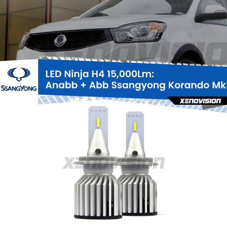 <strong>Kit anabbaglianti + abbaglianti LED per Ssangyong Korando</strong> Mk3 2010 - 2012. Lampade <strong>H4</strong> Canbus da 15.000Lumen di luminosità modello Ninja Xenovision.