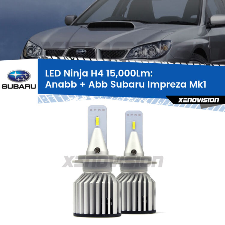 <strong>Kit anabbaglianti + abbaglianti LED per Subaru Impreza</strong> Mk1 1992 - 2000. Lampade <strong>H4</strong> Canbus da 15.000Lumen di luminosità modello Ninja Xenovision.