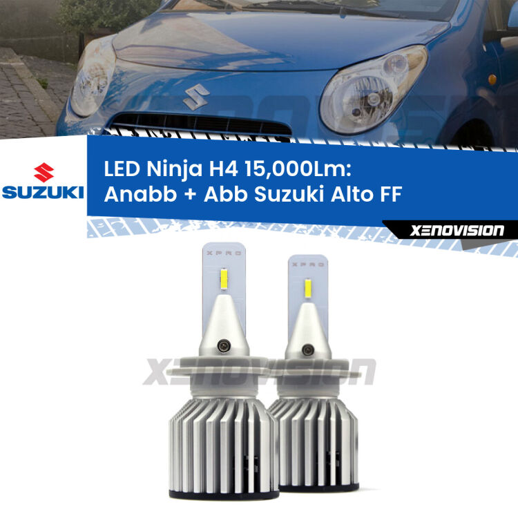 <strong>Kit anabbaglianti + abbaglianti LED per Suzuki Alto</strong> FF 2002 - 2008. Lampade <strong>H4</strong> Canbus da 15.000Lumen di luminosità modello Ninja Xenovision.