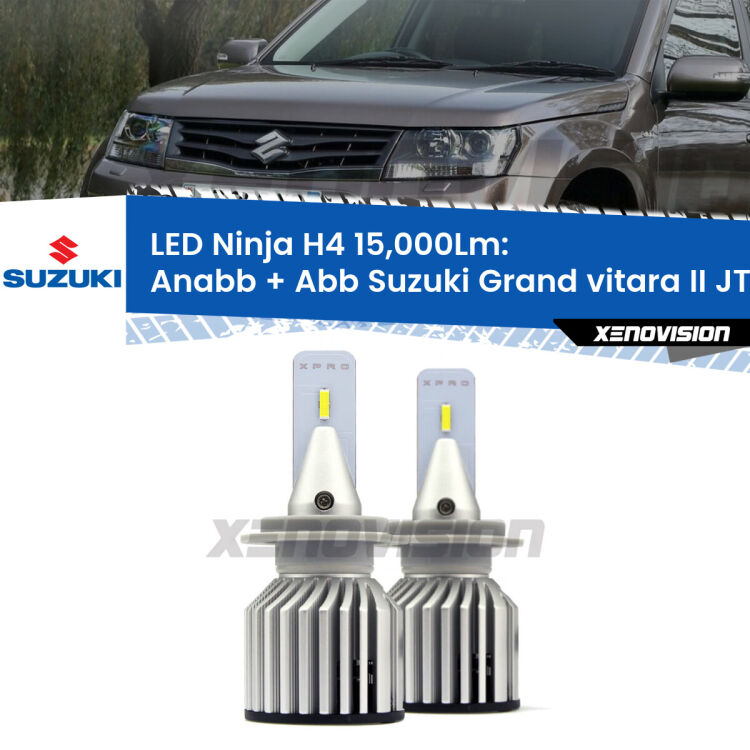 <strong>Kit anabbaglianti + abbaglianti LED per Suzuki Grand vitara II</strong> JT, TE, TD a parabola singola. Lampade <strong>H4</strong> Canbus da 15.000Lumen di luminosità modello Ninja Xenovision.