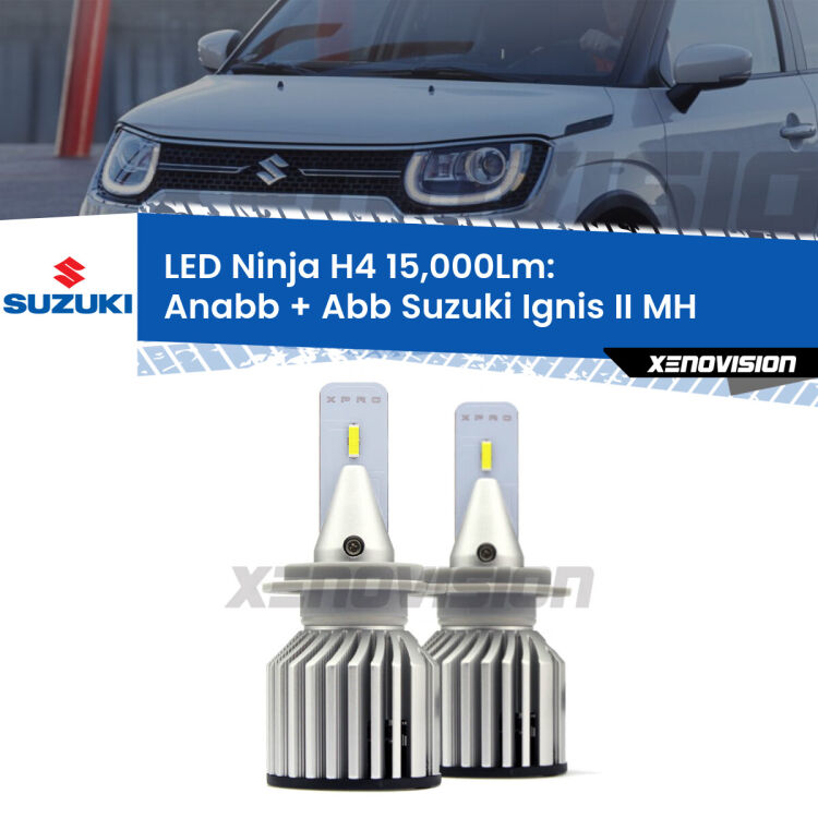 <strong>Kit anabbaglianti + abbaglianti LED per Suzuki Ignis II</strong> MH 2003 - 2008. Lampade <strong>H4</strong> Canbus da 15.000Lumen di luminosità modello Ninja Xenovision.