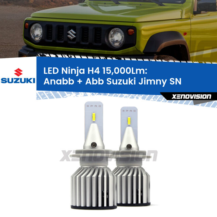 <strong>Kit anabbaglianti + abbaglianti LED per Suzuki Jimny</strong> SN 1998 in poi. Lampade <strong>H4</strong> Canbus da 15.000Lumen di luminosità modello Ninja Xenovision.