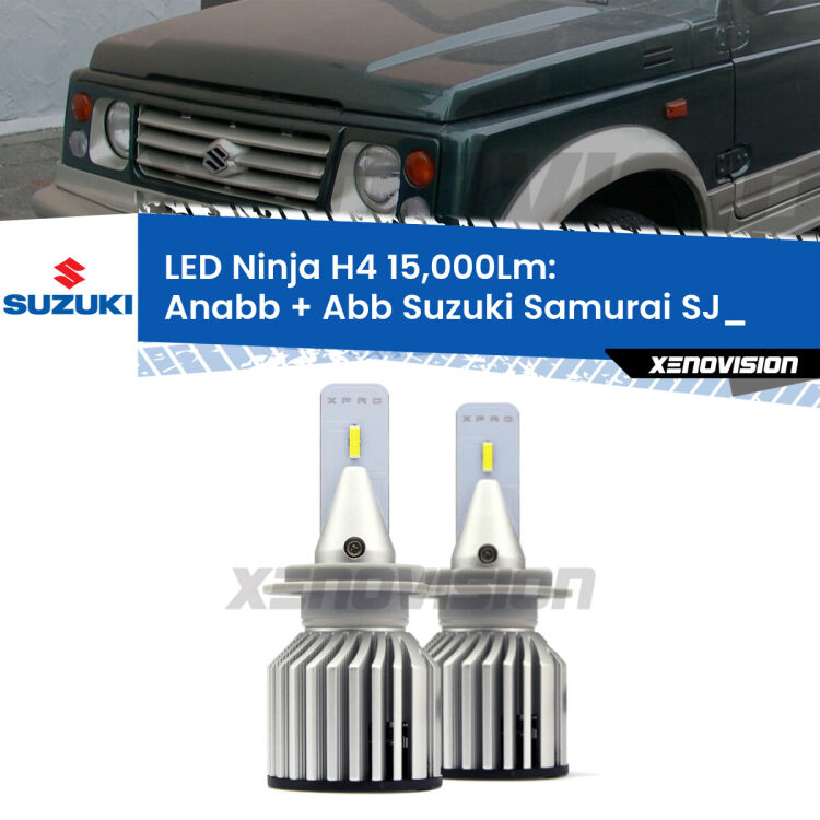 <strong>Kit anabbaglianti + abbaglianti LED per Suzuki Samurai</strong> SJ_ 1988 - 2004. Lampade <strong>H4</strong> Canbus da 15.000Lumen di luminosità modello Ninja Xenovision.