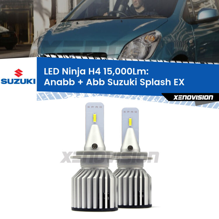 <strong>Kit anabbaglianti + abbaglianti LED per Suzuki Splash</strong> EX 2008 in poi. Lampade <strong>H4</strong> Canbus da 15.000Lumen di luminosità modello Ninja Xenovision.
