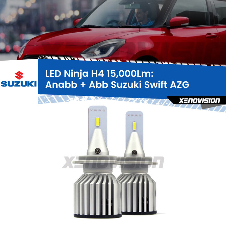<strong>Kit anabbaglianti + abbaglianti LED per Suzuki Swift</strong> AZG 2010 - 2016. Lampade <strong>H4</strong> Canbus da 15.000Lumen di luminosità modello Ninja Xenovision.