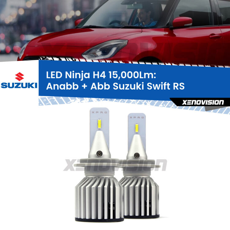 <strong>Kit anabbaglianti + abbaglianti LED per Suzuki Swift</strong> RS 2005 - 2010. Lampade <strong>H4</strong> Canbus da 15.000Lumen di luminosità modello Ninja Xenovision.