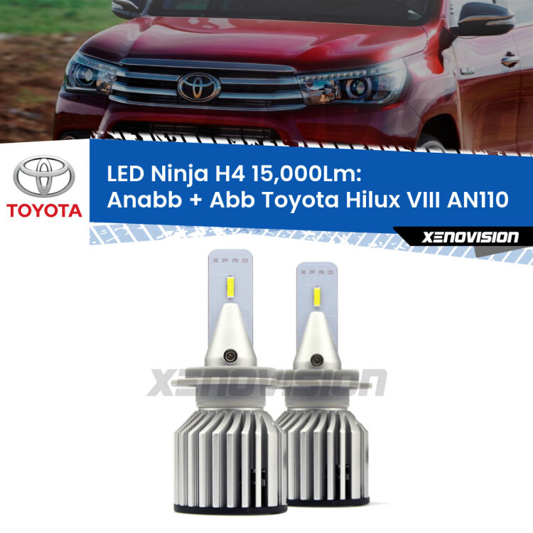 <strong>Kit anabbaglianti + abbaglianti LED per Toyota Hilux VIII</strong> AN110 2015 in poi. Lampade <strong>H4</strong> Canbus da 15.000Lumen di luminosità modello Ninja Xenovision.