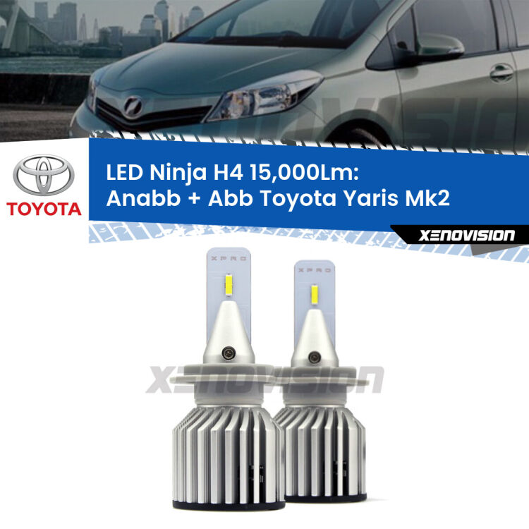 <strong>Kit anabbaglianti + abbaglianti LED per Toyota Yaris</strong> Mk2 2005 - 2010. Lampade <strong>H4</strong> Canbus da 15.000Lumen di luminosità modello Ninja Xenovision.