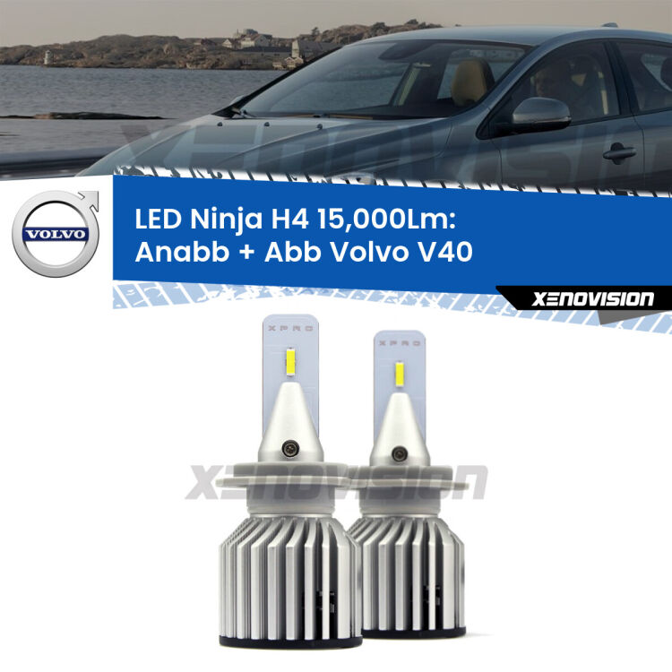<strong>Kit anabbaglianti + abbaglianti LED per Volvo V40</strong>  a parabola singola. Lampade <strong>H4</strong> Canbus da 15.000Lumen di luminosità modello Ninja Xenovision.