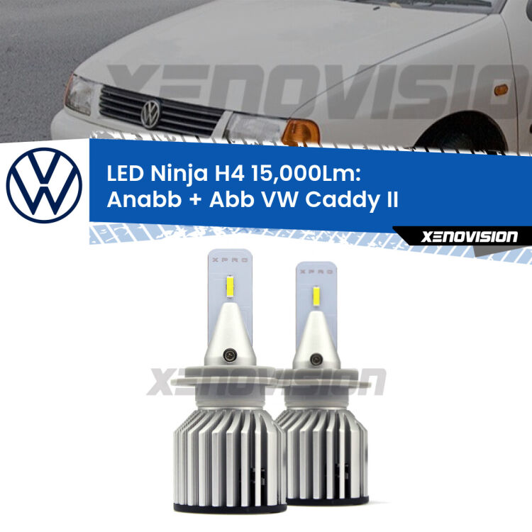 <strong>Kit anabbaglianti + abbaglianti LED per VW Caddy II</strong>  1996 - 2004. Lampade <strong>H4</strong> Canbus da 15.000Lumen di luminosità modello Ninja Xenovision.