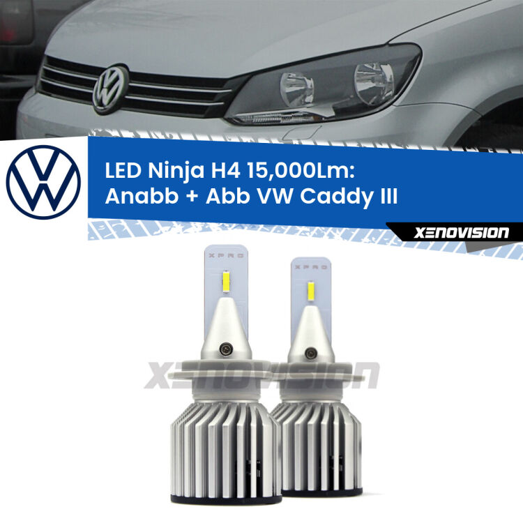 <strong>Kit anabbaglianti + abbaglianti LED per VW Caddy III</strong>  2010 - 2015. Lampade <strong>H4</strong> Canbus da 15.000Lumen di luminosità modello Ninja Xenovision.