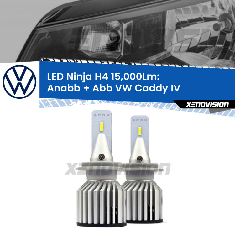 <strong>Kit anabbaglianti + abbaglianti LED per VW Caddy IV</strong>  a parabola singola. Lampade <strong>H4</strong> Canbus da 15.000Lumen di luminosità modello Ninja Xenovision.