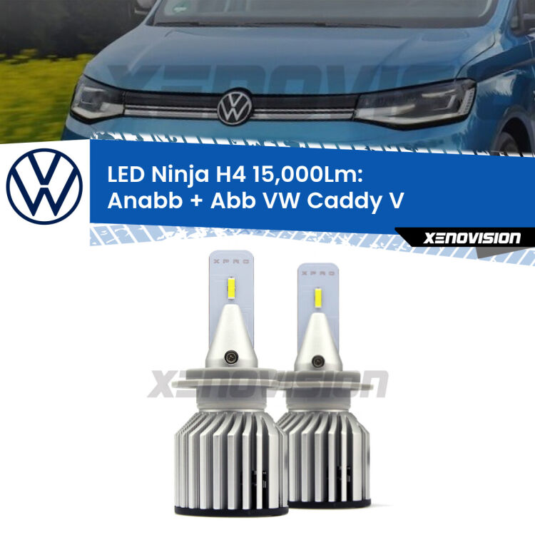 <strong>Kit anabbaglianti + abbaglianti LED per VW Caddy V</strong>  mono parabola. Lampade <strong>H4</strong> Canbus da 15.000Lumen di luminosità modello Ninja Xenovision.