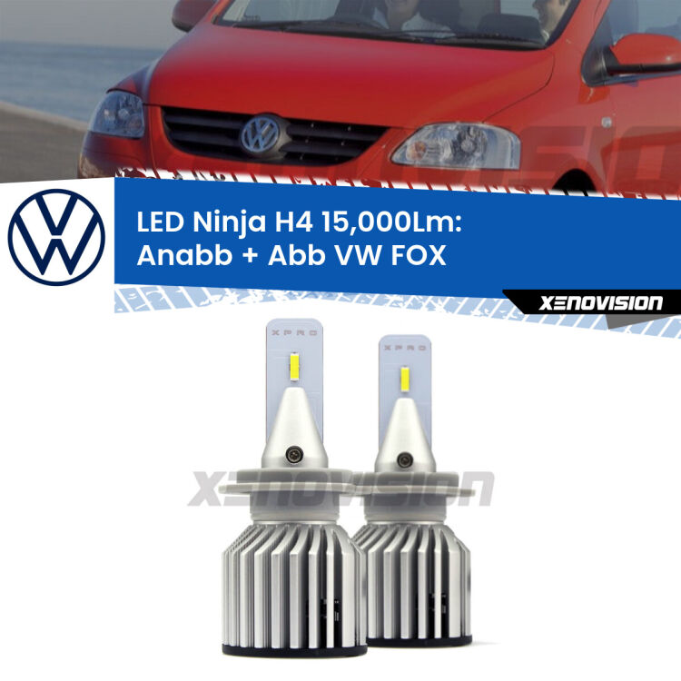 <strong>Kit anabbaglianti + abbaglianti LED per VW FOX</strong>  2003 - 2014. Lampade <strong>H4</strong> Canbus da 15.000Lumen di luminosità modello Ninja Xenovision.