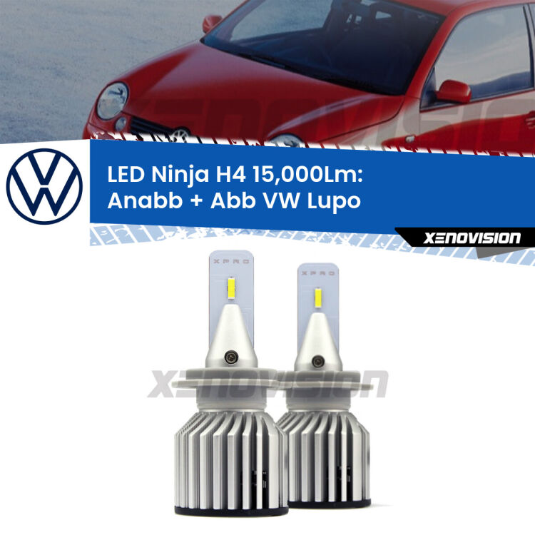 <strong>Kit anabbaglianti + abbaglianti LED per VW Lupo</strong>  1998 - 2005. Lampade <strong>H4</strong> Canbus da 15.000Lumen di luminosità modello Ninja Xenovision.