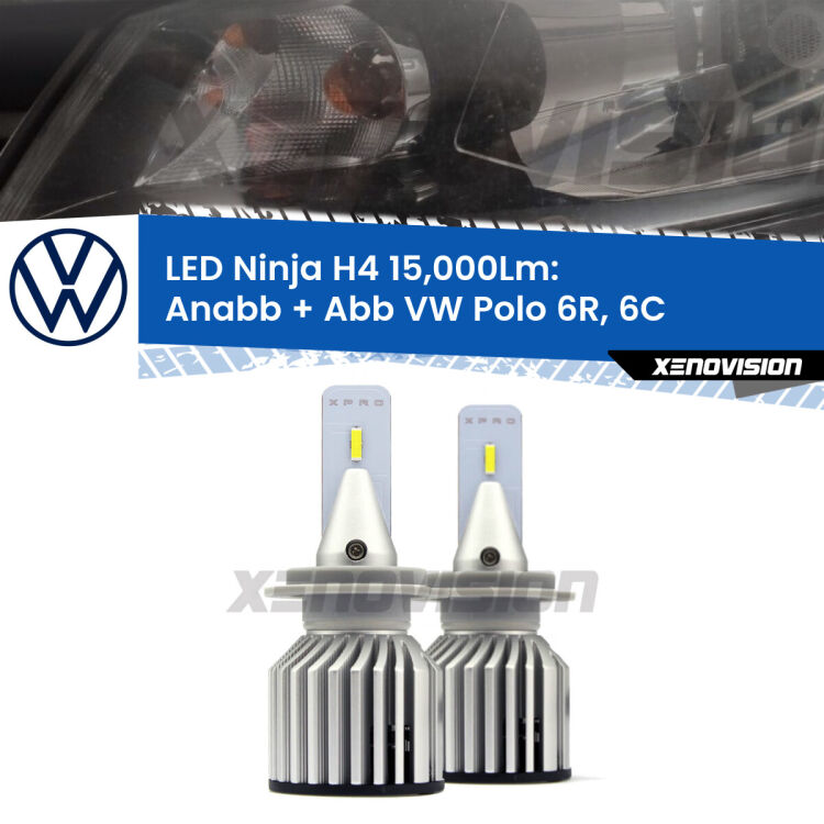 <strong>Kit anabbaglianti + abbaglianti LED per VW Polo</strong> 6R, 6C 6R monolampada. Lampade <strong>H4</strong> Canbus da 15.000Lumen di luminosità modello Ninja Xenovision.