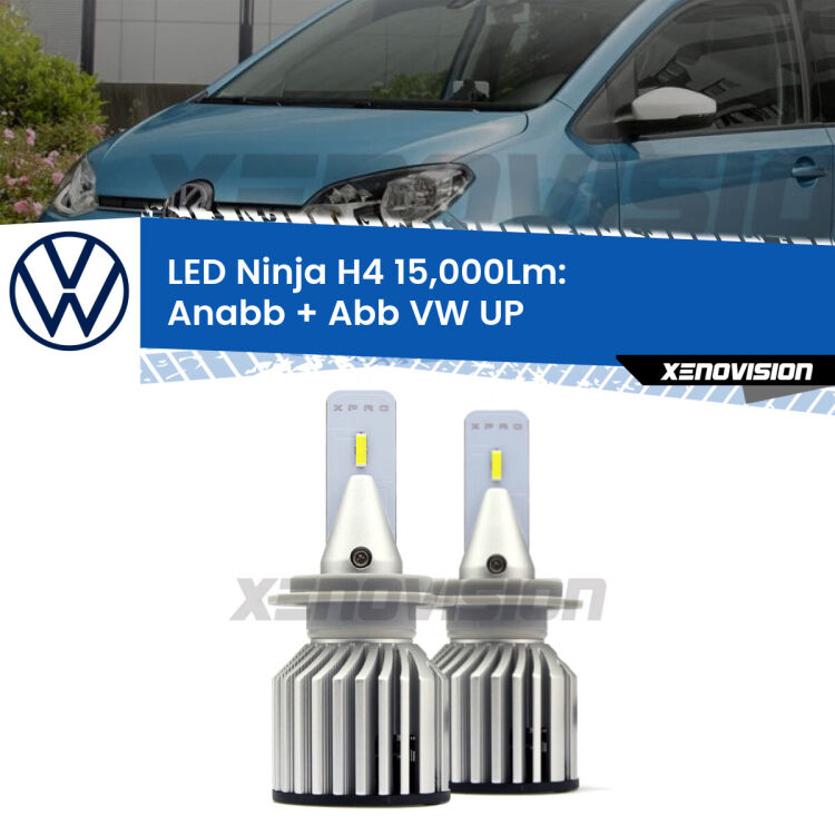 <strong>Kit anabbaglianti + abbaglianti LED per VW UP</strong>  2011 in poi. Lampade <strong>H4</strong> Canbus da 15.000Lumen di luminosità modello Ninja Xenovision.