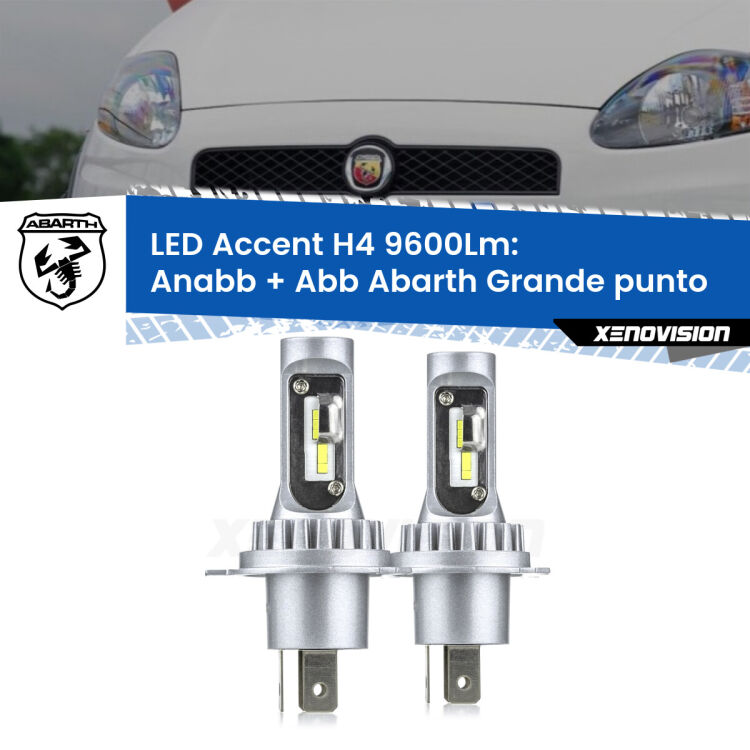 Anabbaglianti LED H4 9600Lm per Abarth Grande punto 2007 - 2010 <strong>Kit LED per anabbaglianti + abbaglianti Grande punto</strong> 2007 - 2010.</strong> Coppia lampade <strong>H4</strong> doppia intensità senza ventola e ultracompatte per installazioni in fari senza spazi.