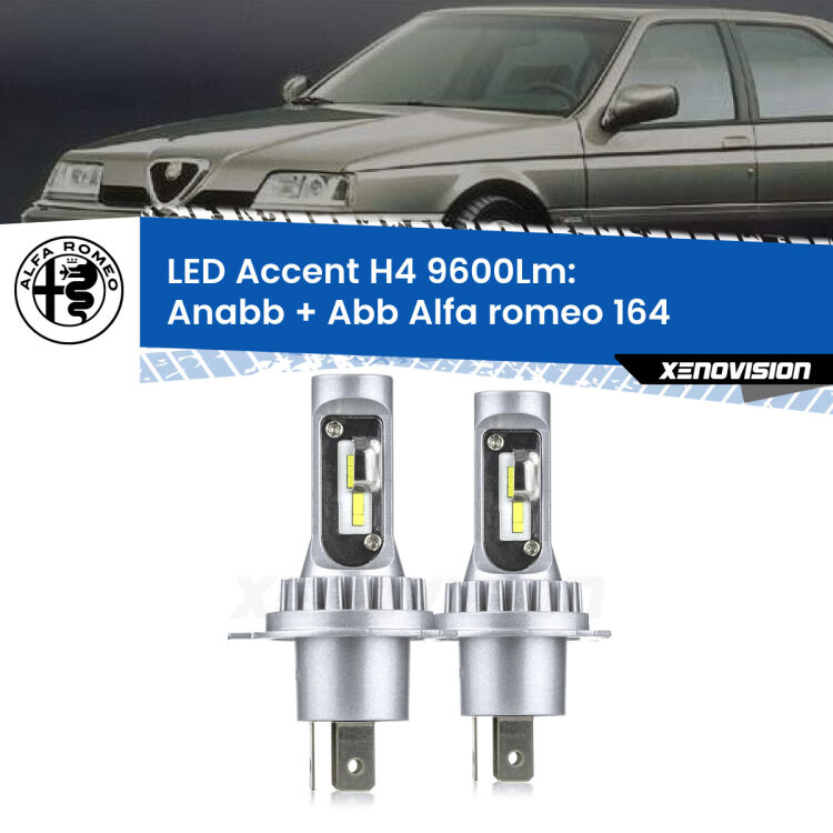 Anabbaglianti LED H4 9600Lm per Alfa romeo 164  1987 - 1991 <strong>Kit LED per anabbaglianti + abbaglianti 164</strong>  1987 - 1991.</strong> Coppia lampade <strong>H4</strong> doppia intensità senza ventola e ultracompatte per installazioni in fari senza spazi.