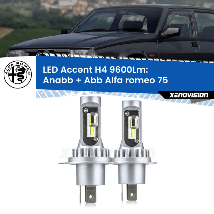 Anabbaglianti LED H4 9600Lm per Alfa romeo 75  1985 - 1992 <strong>Kit LED per anabbaglianti + abbaglianti 75</strong>  1985 - 1992.</strong> Coppia lampade <strong>H4</strong> doppia intensità senza ventola e ultracompatte per installazioni in fari senza spazi.