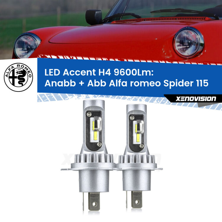 Anabbaglianti LED H4 9600Lm per Alfa romeo Spider 115 1971 - 1993 <strong>Kit LED per anabbaglianti + abbaglianti Spider</strong> 115 1971 - 1993.</strong> Coppia lampade <strong>H4</strong> doppia intensità senza ventola e ultracompatte per installazioni in fari senza spazi.