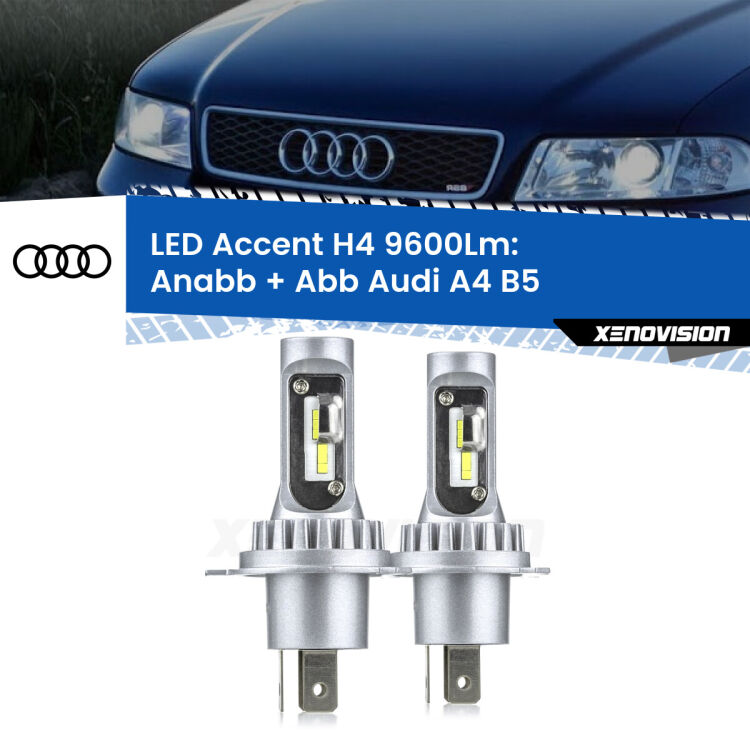 Anabbaglianti LED H4 9600Lm per Audi A4 B5 a parabola singola <strong>Kit LED per anabbaglianti + abbaglianti A4</strong> B5 a parabola singola.</strong> Coppia lampade <strong>H4</strong> doppia intensità senza ventola e ultracompatte per installazioni in fari senza spazi.