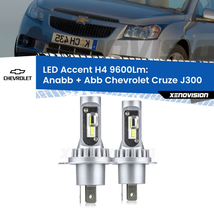 Anabbaglianti LED H4 9600Lm per Chevrolet Cruze J300 2009 - 2019 <strong>Kit LED per anabbaglianti + abbaglianti Cruze</strong> J300 2009 - 2019.</strong> Coppia lampade <strong>H4</strong> doppia intensità senza ventola e ultracompatte per installazioni in fari senza spazi.