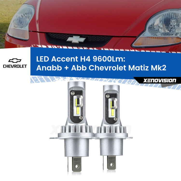 Anabbaglianti LED H4 9600Lm per Chevrolet Matiz Mk2 2005 - 2011 <strong>Kit LED per anabbaglianti + abbaglianti Matiz</strong> Mk2 2005 - 2011.</strong> Coppia lampade <strong>H4</strong> doppia intensità senza ventola e ultracompatte per installazioni in fari senza spazi.